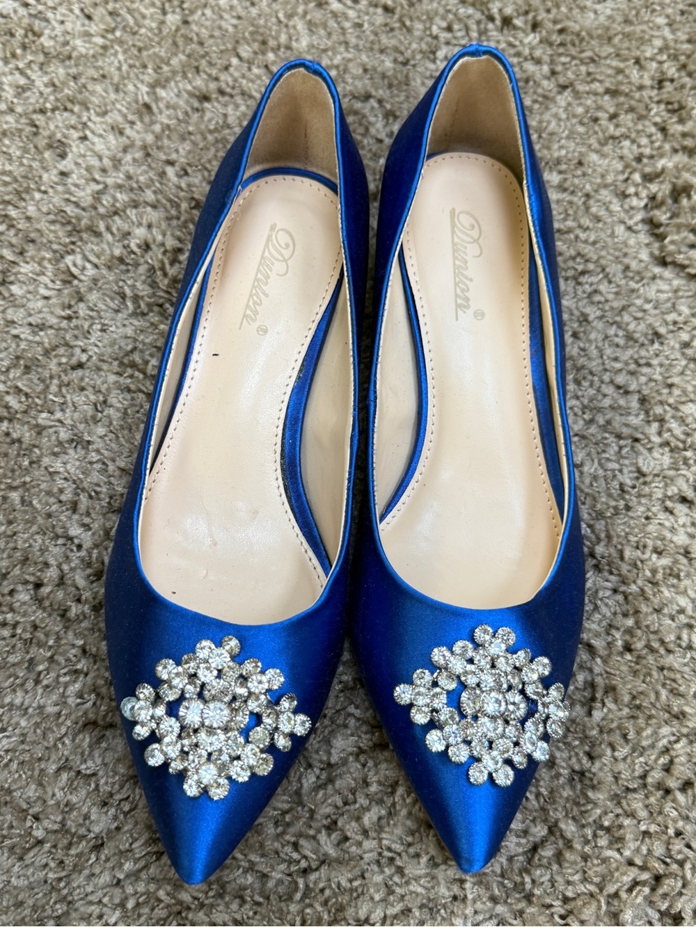 Blue Satin Pointed Toe Flats with Crystal Brooch
